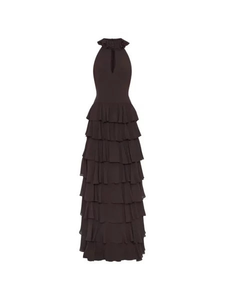 Warstwowa sukienka maxi Nicholas z falbankami garniturowa brązowa