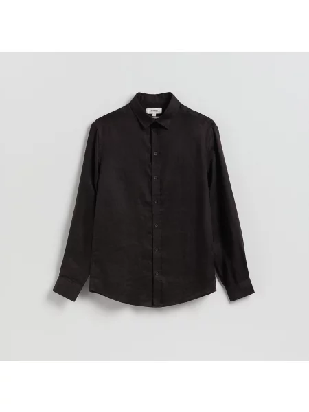 Reserved Slim fit lněná košile tmavě hnědá
