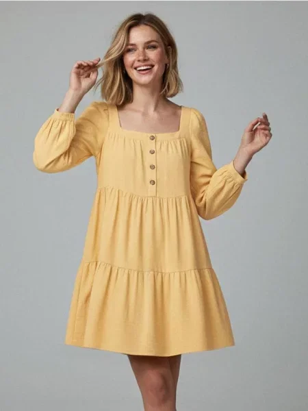 Розкльошена міні-сукня з квадратним вирізом і спереду жовтий