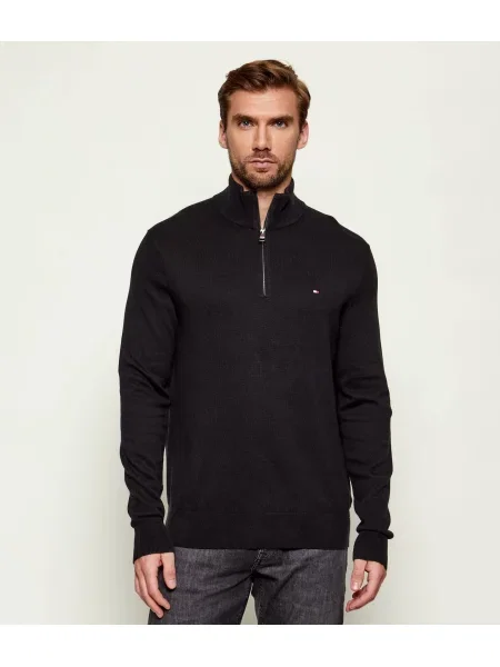 Tommy Hilfiger Pulover ZIP MOCK cu adaos de cașmir negru