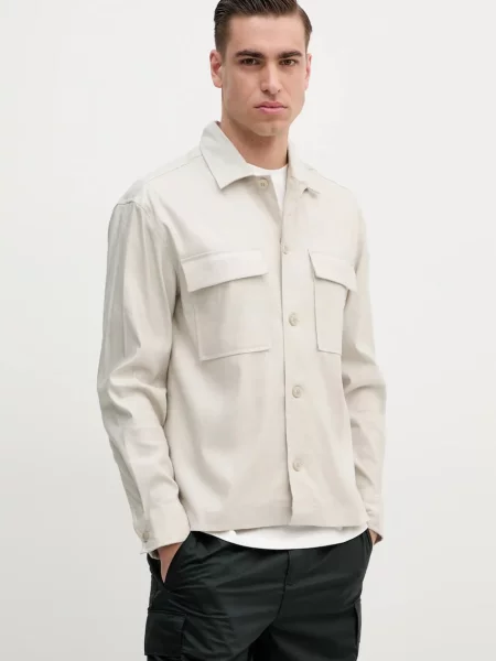 Риза с лен Calvin Klein със стандартна кройка с класическа яка бежово