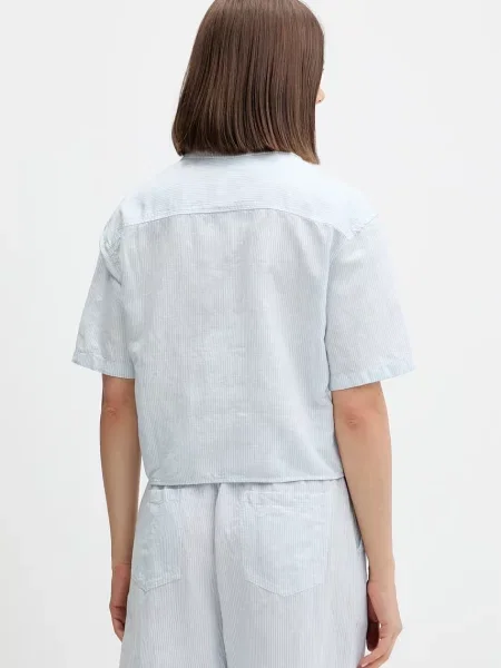 Bluzka lniana o kroju regular fit z mieszanki lnu z wiązanym detalem Tommy Jeans niebieska