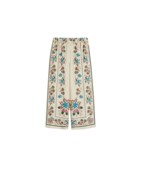 Lniane spodnie Weekend Max Mara z nadrukiem beżowe
