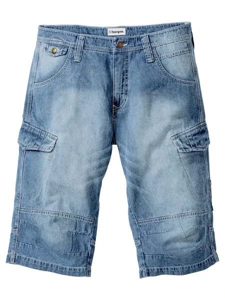 Lekkie długie bermudy jeansowe o kroju bojówek relaxed fit niebieskie
