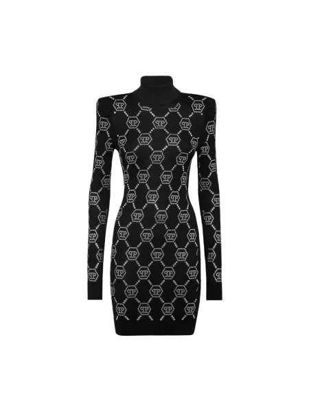 Mały sukienka mini Philipp Plein wełniana z poduszkami na ramionach czarna