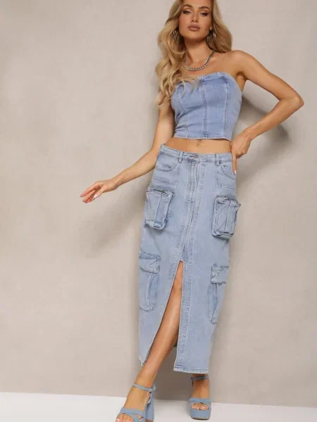 Fustă Jeans Regular Waist cu cu Clape și Șliț Alicella albastră