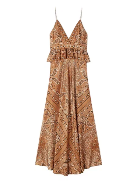 Rochie maxi Sandro cu decolteu în V cu model paisley de costum maro