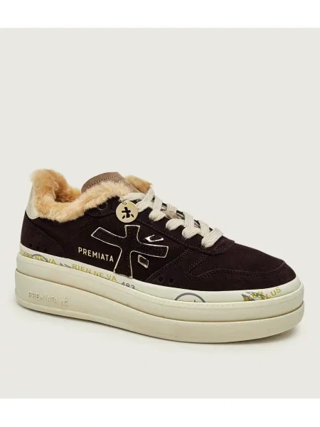 Premiata Sneakers Micol | piele întoarsă zamsz | cu adaos de lână | shearling maro