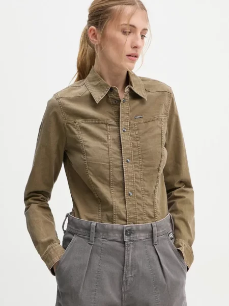 Дънкова риза G-Star дамска със стандартна кройка с класическа яка зелено