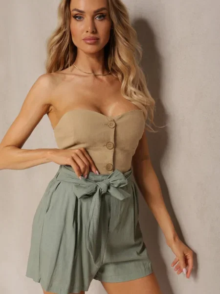 Pantaloni Scurți din cu în Talie și Benzi Laterale Nellvina verzi