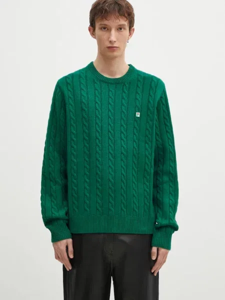 FILA+ sweter wełniany Cabled Knitted Crewneck zielony