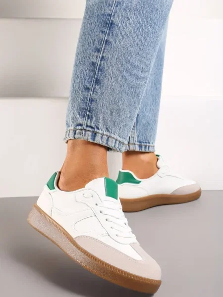 Sneakerși Alb-Verzi în Stilul Tenișilor de Cult cu Talpă din Cauciuc Poseiama alb