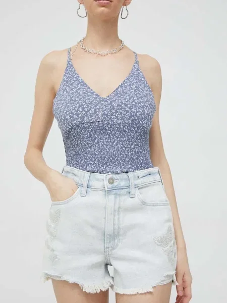 Дънкови къси панталони Hollister Co. с апликация с висока талия синьо