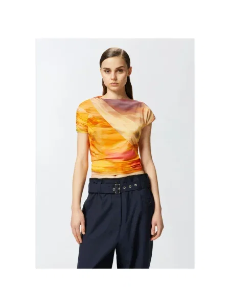 Wielobarwność lniana bluzka Pinko z okrągłym dekoltem żółta
