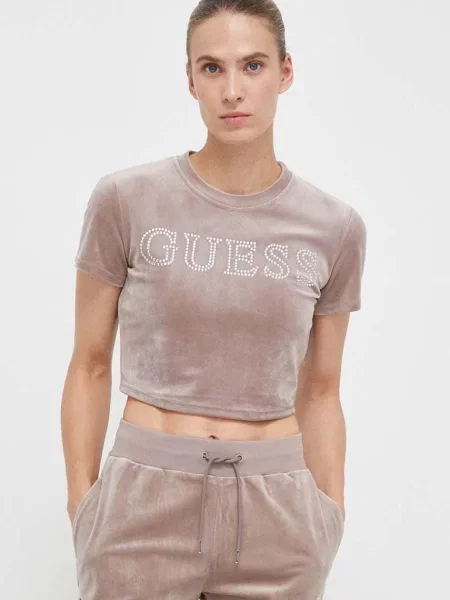 Guess Velur kratka majica COUTURE roza