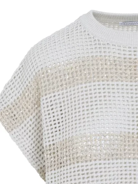 Top Brunello Cucinelli cu dungi tricotate alb