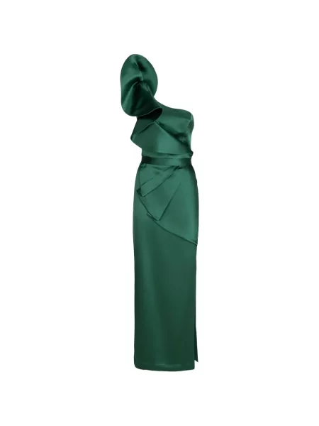 Rochie maxi Catalina cu volane cu un umăr gol verde