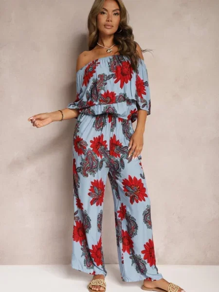 Niebiesko-Czerwony Taliowany Kombinezon Ozdobiony Kwiecistym Wzorem Nelanora czerwony