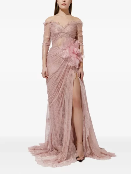 Rochie Iris Serban cu model floral plisată din dantelă roz