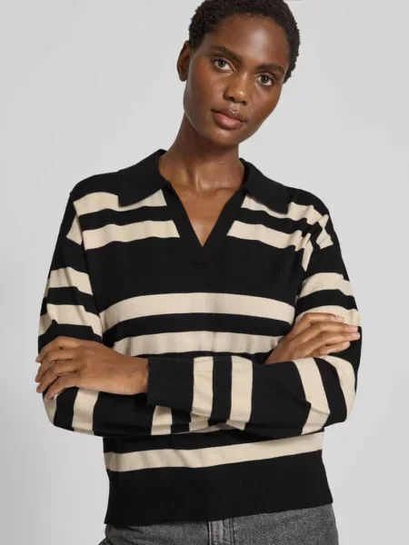 Sweter z dzianiny z wykładanym kołnierzem model ‘FLOW’ Free/quent czarny