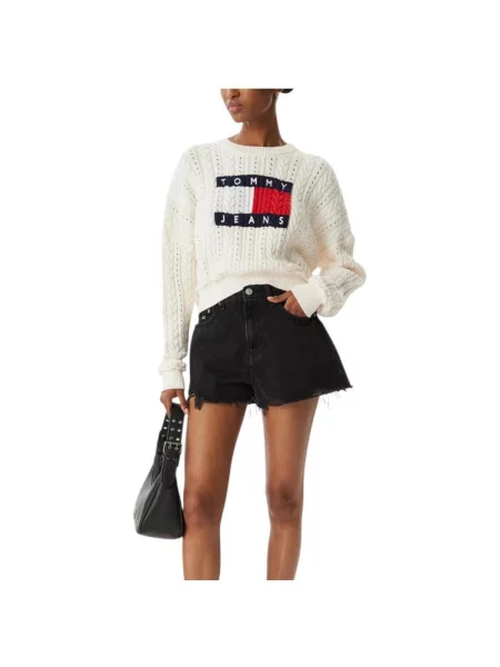 Tommy Jeans Pulover Intarsia Flag Badge Crem alb