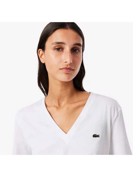 Lacoste Koszulka Z Dekoltem W Serek Z Miękkiej Bawełny O Luźnym Kroju biała