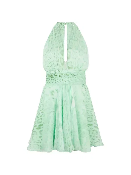 Rochie mini Roberto Cavalli cu imagine cu model leopard cu gât halter verde