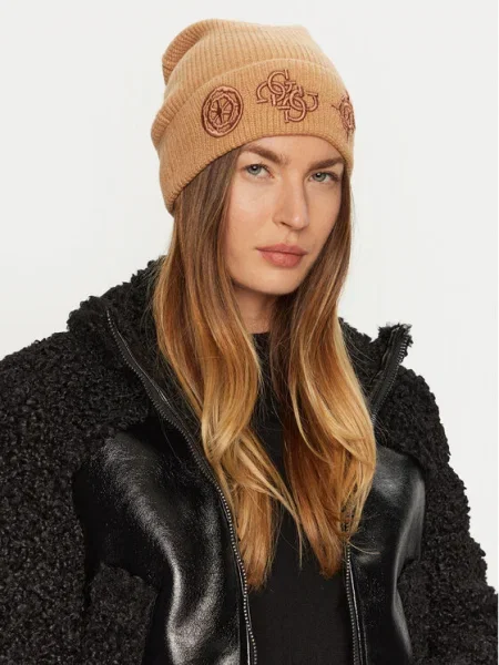 Шапка с вълна Guess кафяво бежово