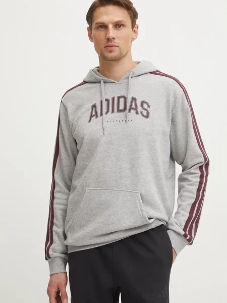 Суичър с качулка Adidas с качулка с принт сиво