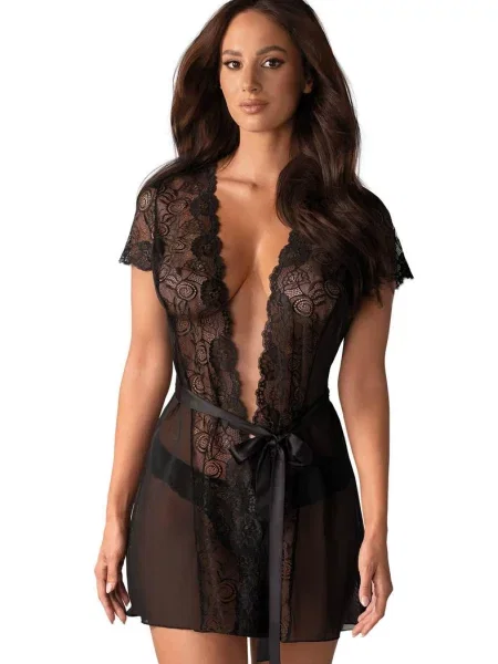 Прозрачный пеньюар с кружевными рукавами и трусики стринг Комплект_Obsessive_Alluria_robe чорні