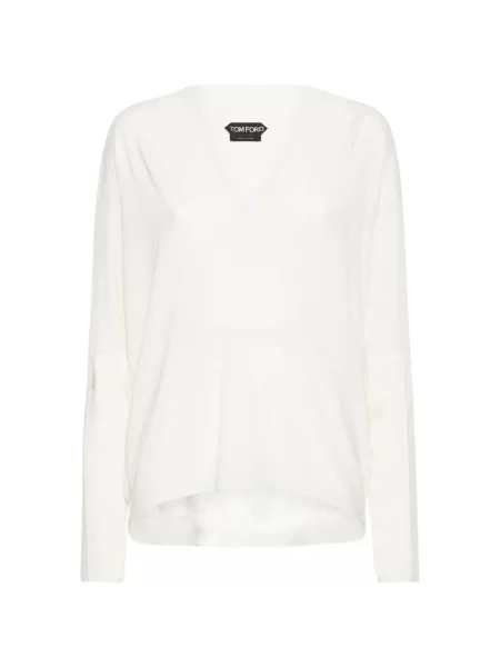 Top Tom Ford tricotate cu decolteu în V lung alb