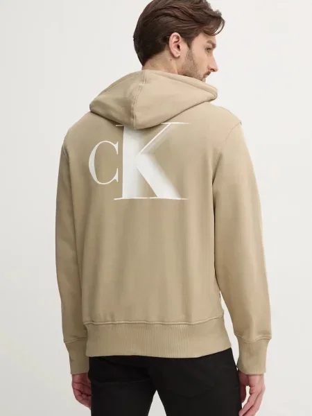 Суичър с качулка Calvin Klein Jeans с качулка с принт зелено
