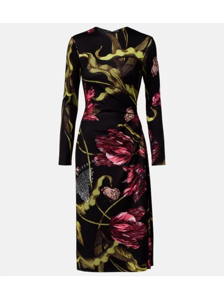 Rochie midi Erdem cu model floral din jerseu până la genunchi negru