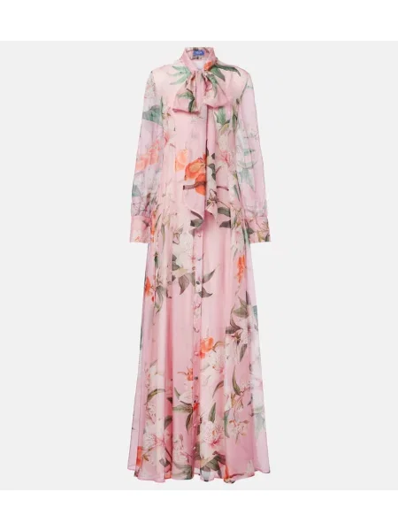 Rochie maxi Leo Lin cu funde din șifon cu model floral roz
