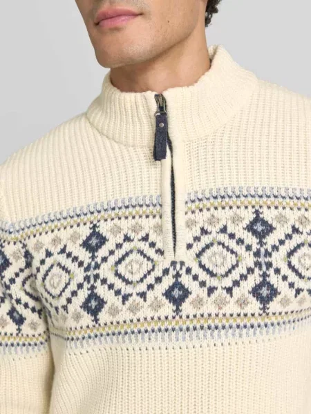 Sweter z norweskim wzorem z mieszanki wełny z kołnierzem zapinanym Ragman biały