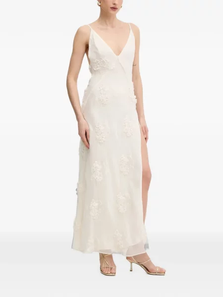 Rochie maxi Bardot cu model floral cu decolteu în V cu aplicații alb