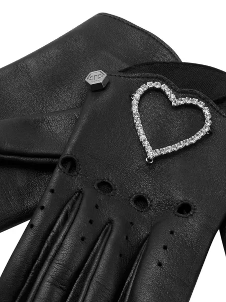 Iš natūralios odos pirštines Philipp Plein su širdelėmis juoda