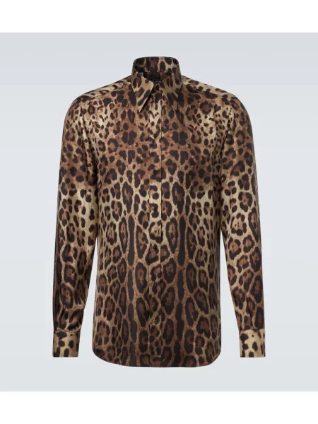 Копринена риза Dolce&gabbana с принт с леопардов принт бежово