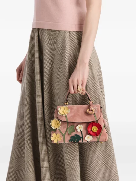 Φλοράλ τσάντα shopper Oscar De La Renta σουέτ με απλικέ ροζ