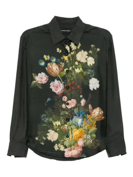 Cămașă Cynthia Rowley de mătase cu model floral gri