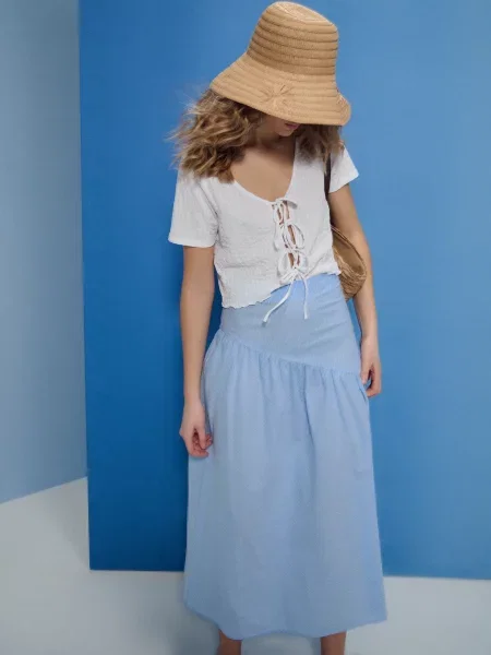 Спідниця міді з асиметричним воланом у смужку light blue синя