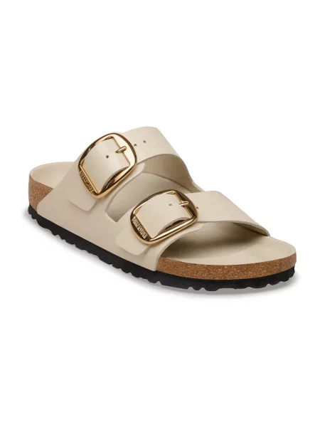 Klapki Birkenstock skórzane na sprzączkę na płaskim obcasie beżowe