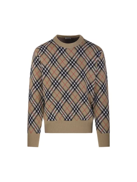 Sweter Burberry wełniany w kratę beżowy