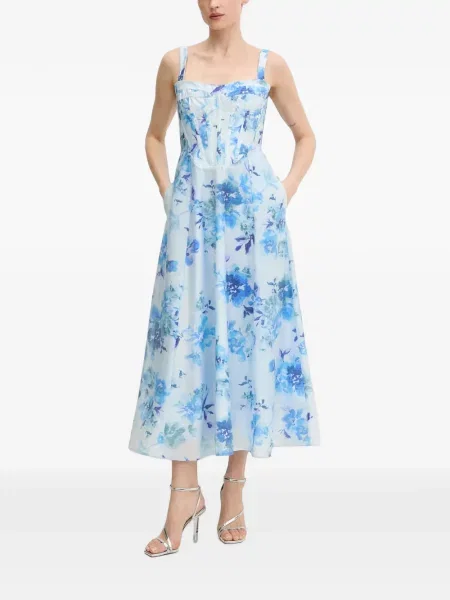 Rochie midi Bardot cu model floral cu imagine albastru