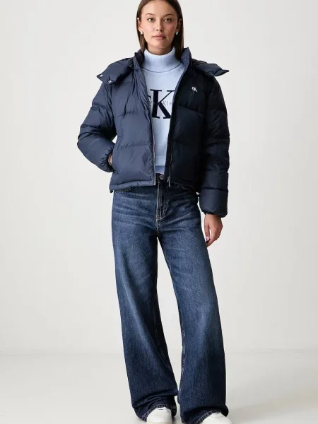 Pulover Calvin Klein Jeans cu guler înalt cu autograf albastru