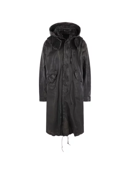 Kožený kabát Yohji Yamamoto s kapucí černý