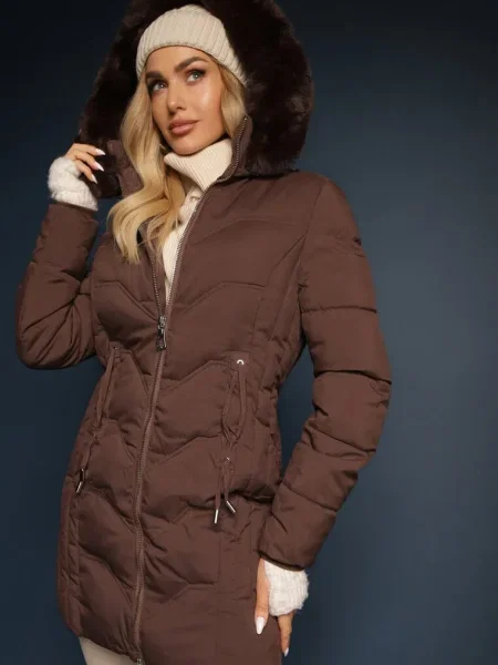 Jachetă în Stil Palton cu Puffer și Glugă din Blană Mavila maro