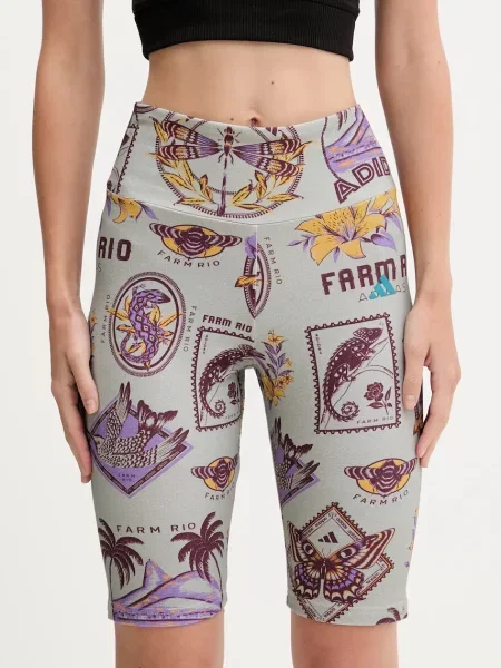 Къс панталон adidas x Farm Rio с десен с висока талия сиво