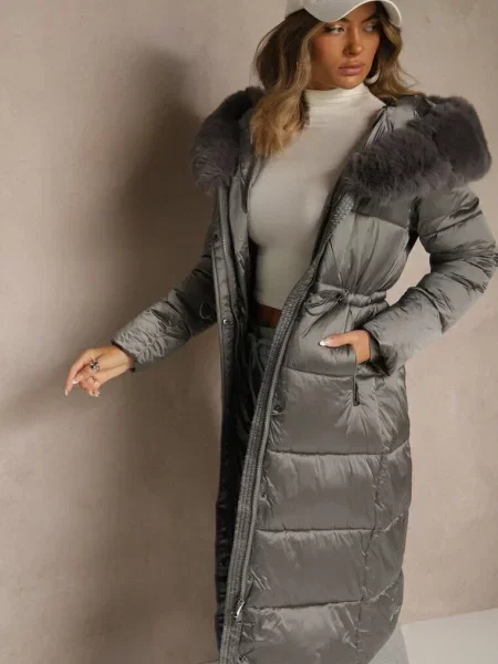 Puchowa Kurtka Pikowana o Długim Kroju z Kapturem z Futerkiem Bavea szara