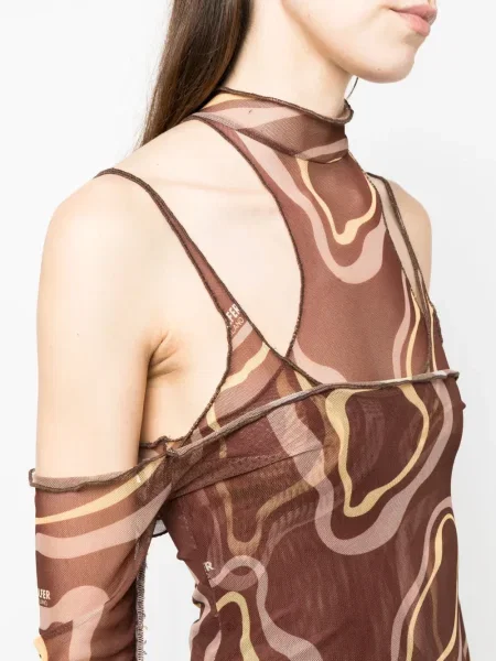 Rochie midi Julfer cu imagine cu imprimeu abstract până la genunchi maro